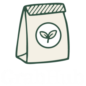 Simple illustration of a paper food bag with a plant symbol, above the word "GrabHub" in large, white letters—perfect for break room micro markets or offering healthy snacks.