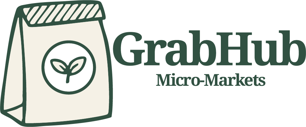 Logo for GrabHub Micro-Markets in Phoenix, featuring a paper bag with a plant icon and the company name in green text, highlighting healthy snacks and self checkout kiosk options.