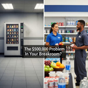 Split image showing a vending machine in a dealership breakroom on the left and two employees chatting near fresh snacks and drinks in a modern micro market on the right. Text reads: "The $500,000 Problem In Your Breakroom?.