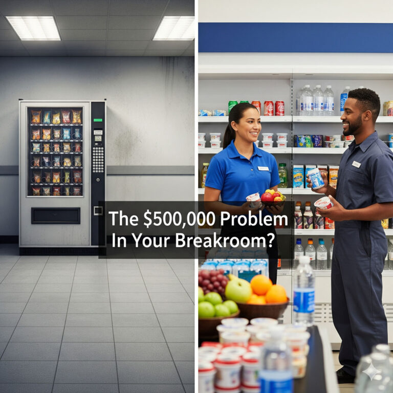 Split image showing a vending machine in a dealership breakroom on the left and two employees chatting near fresh snacks and drinks in a modern micro market on the right. Text reads: "The $500,000 Problem In Your Breakroom?.