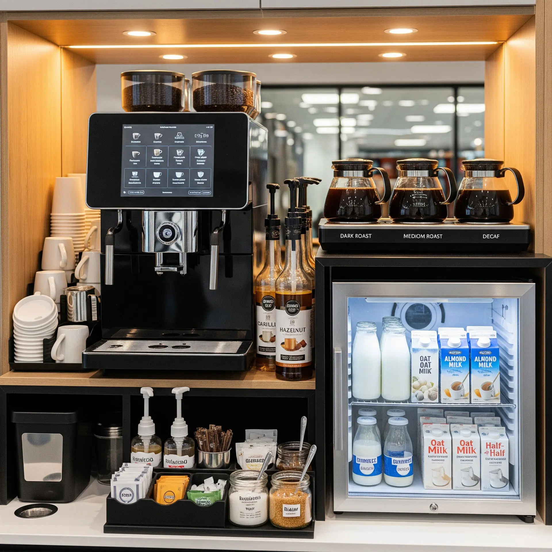 Grab Hub office coffee service with bean-to-cup brewer, cups, and condiments
